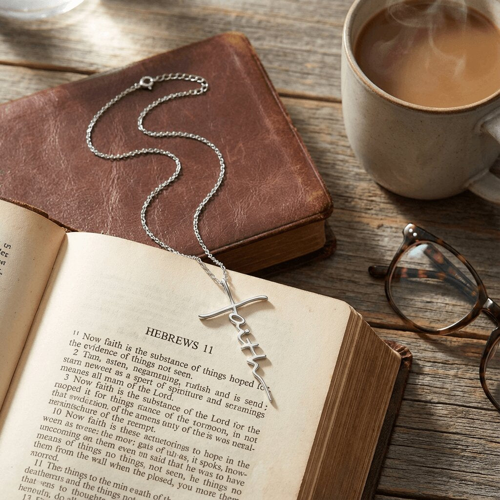 Silver necklace with a cross on an open bible next to a cup of coffee and glasses.