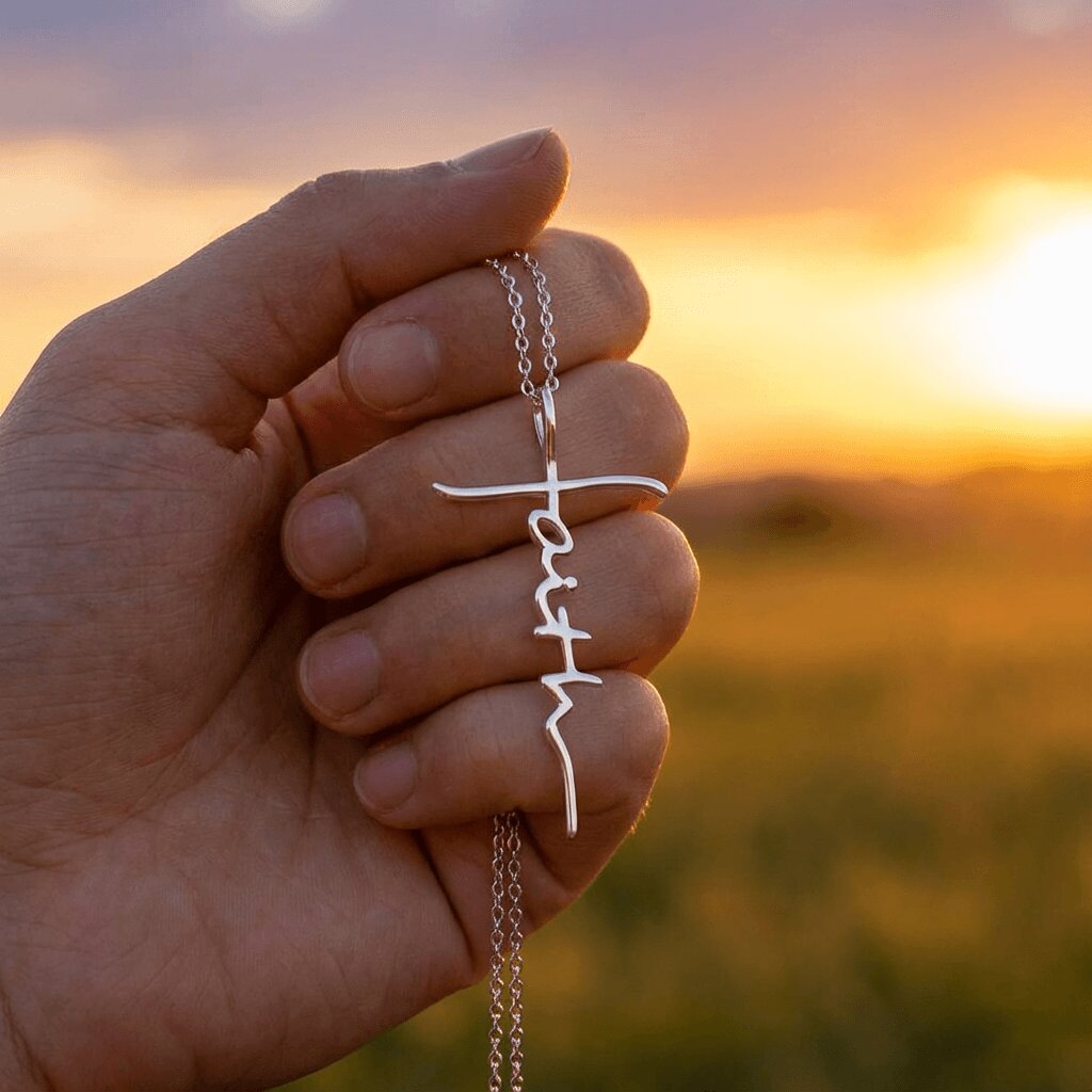 Hand holding a necklace with a cross pendant against a sunset background