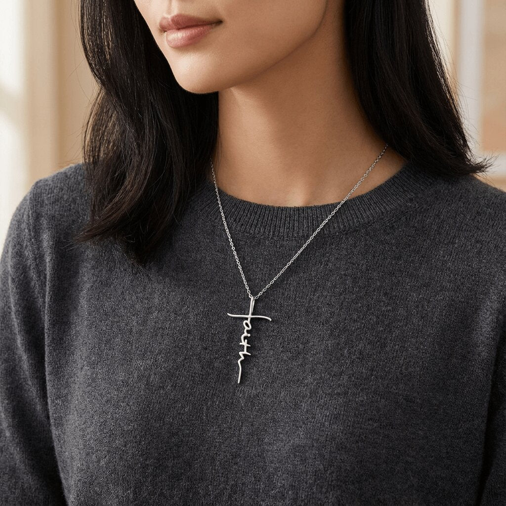 woman wearing aThe Living Faith Cross | Sterling Silver Christian Necklace